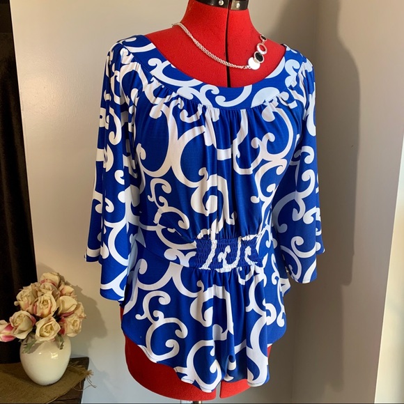 THEME Blue and White Drape Batwing Sleeve Blouse - Picture 7 of 16